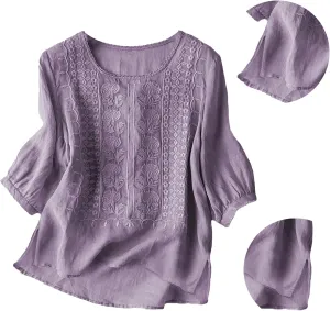 Womens Cotton 3/4 Sleeve Tops Slit Hem Retro Floral Embroidered Top Boho Dressy Casual Blouses Summer Clothing