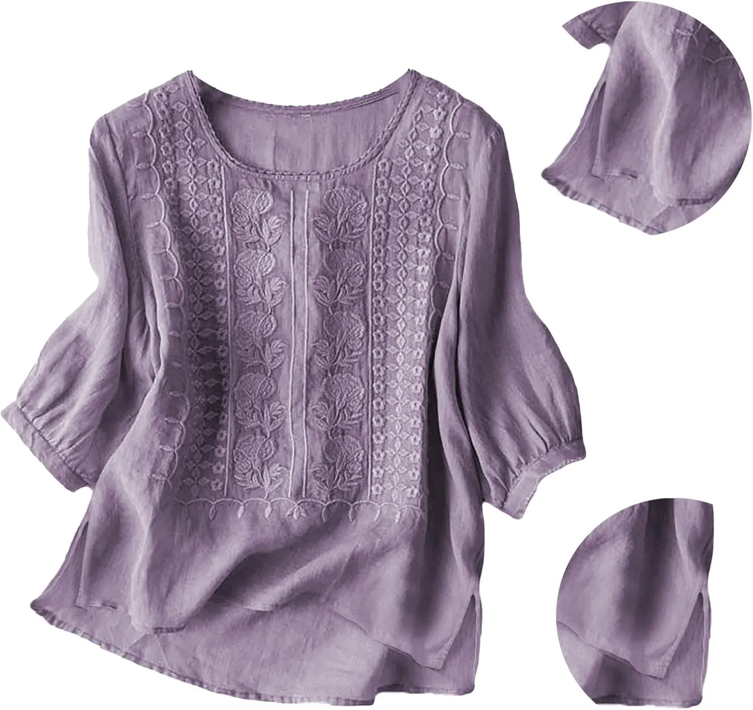 Womens Cotton 3/4 Sleeve Tops Slit Hem Retro Floral Embroidered Top Boho Dressy Casual Blouses Summer Clothing