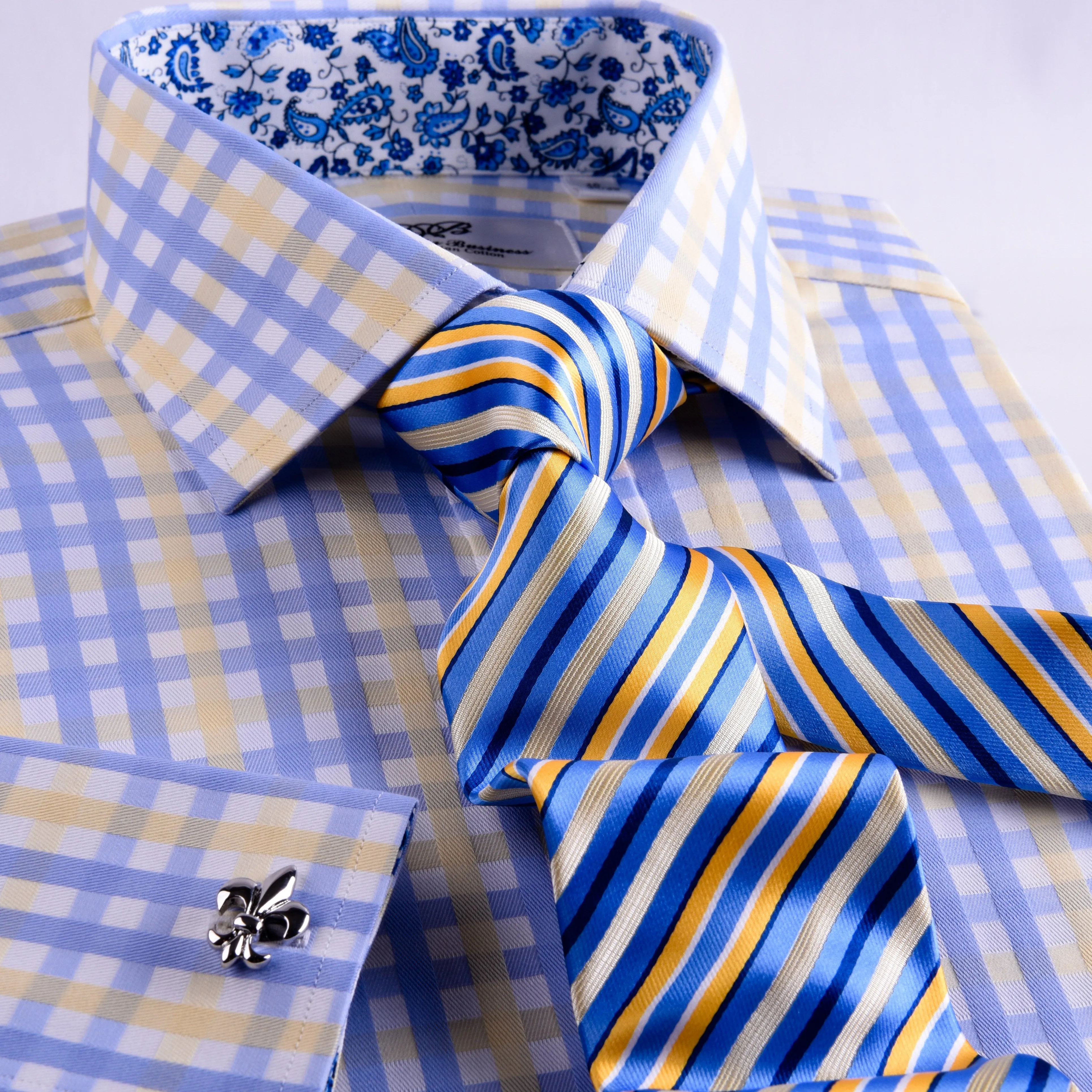Yellow Blue Herringbone Checkered Striped Formal Business Dress Shirt Luxury Twill Design French Cuffs