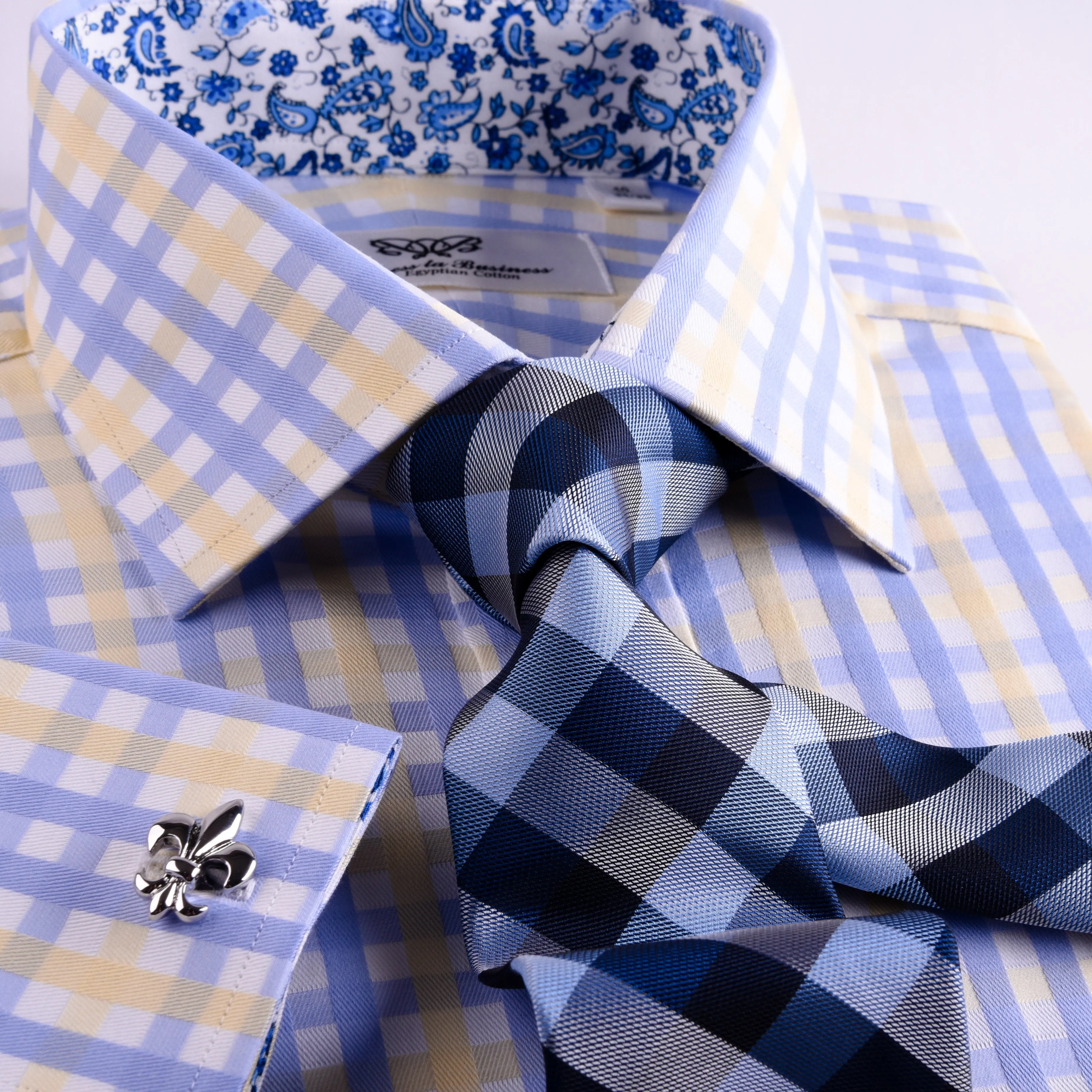 Yellow Blue Herringbone Checkered Striped Formal Business Dress Shirt Luxury Twill Design French Cuffs