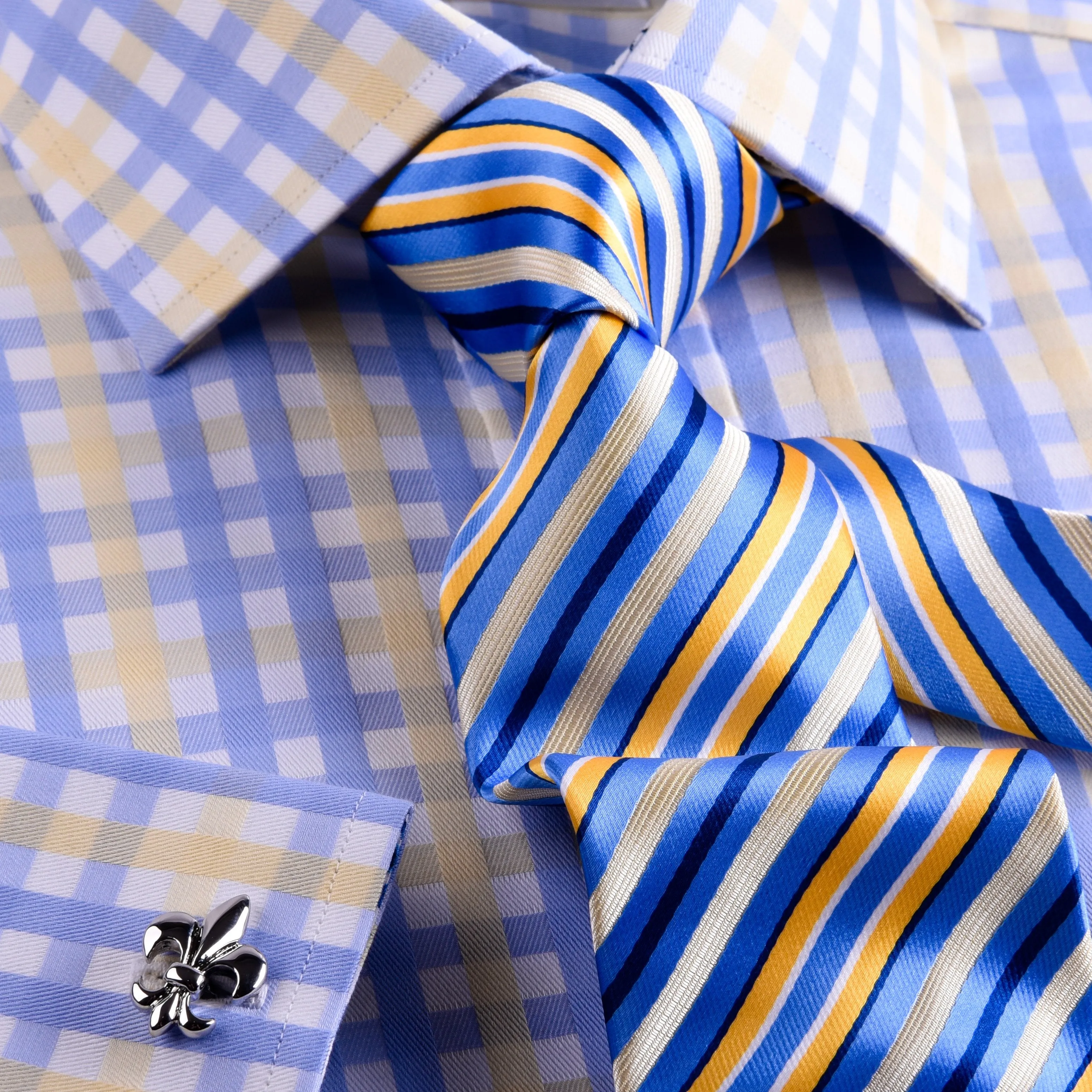 Yellow Blue Herringbone Checkered Striped Formal Business Dress Shirt Luxury Twill Design French Cuffs