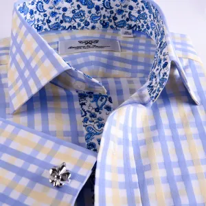 Yellow Blue Herringbone Checkered Striped Formal Business Dress Shirt Luxury Twill Design French Cuffs