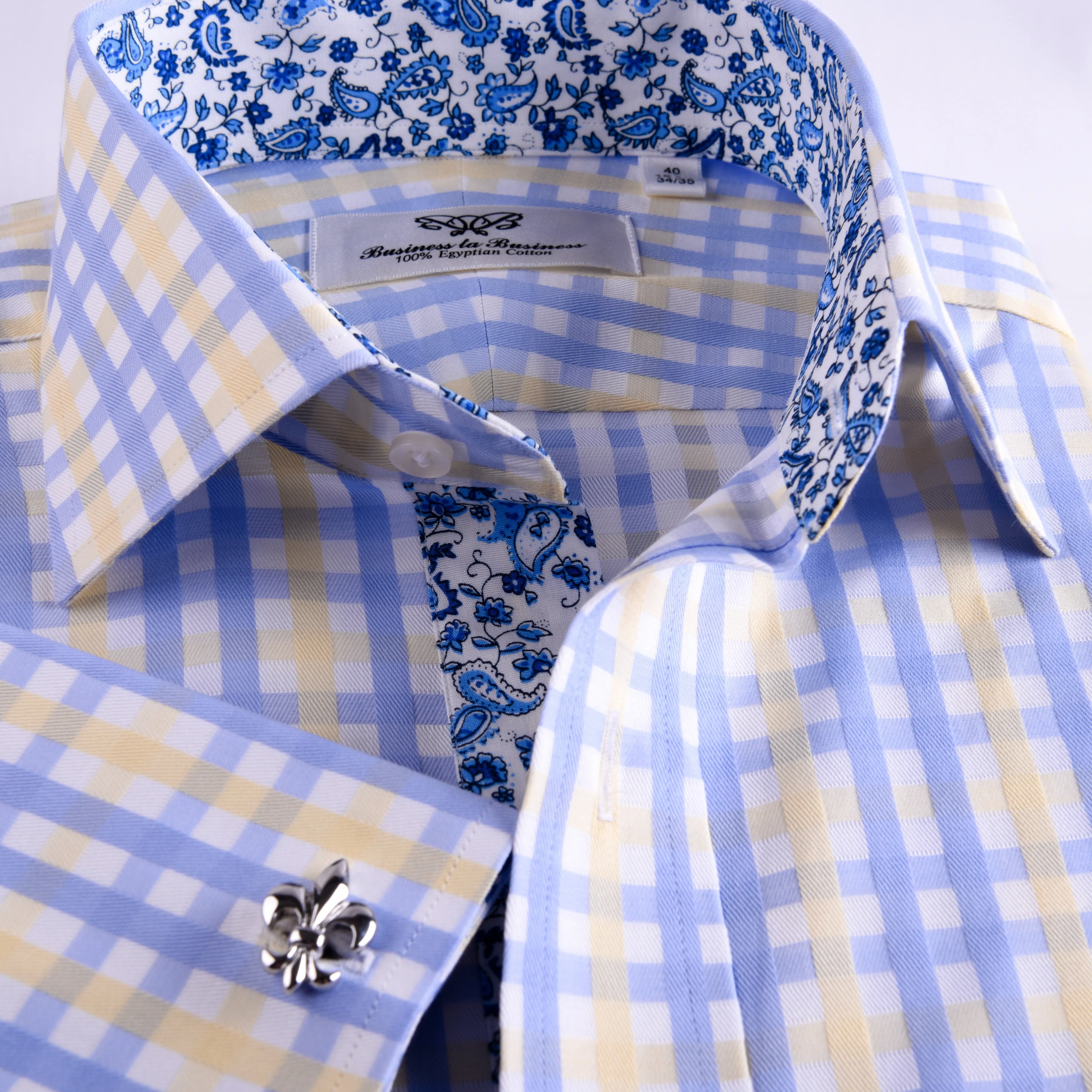 Yellow Blue Herringbone Checkered Striped Formal Business Dress Shirt Luxury Twill Design French Cuffs