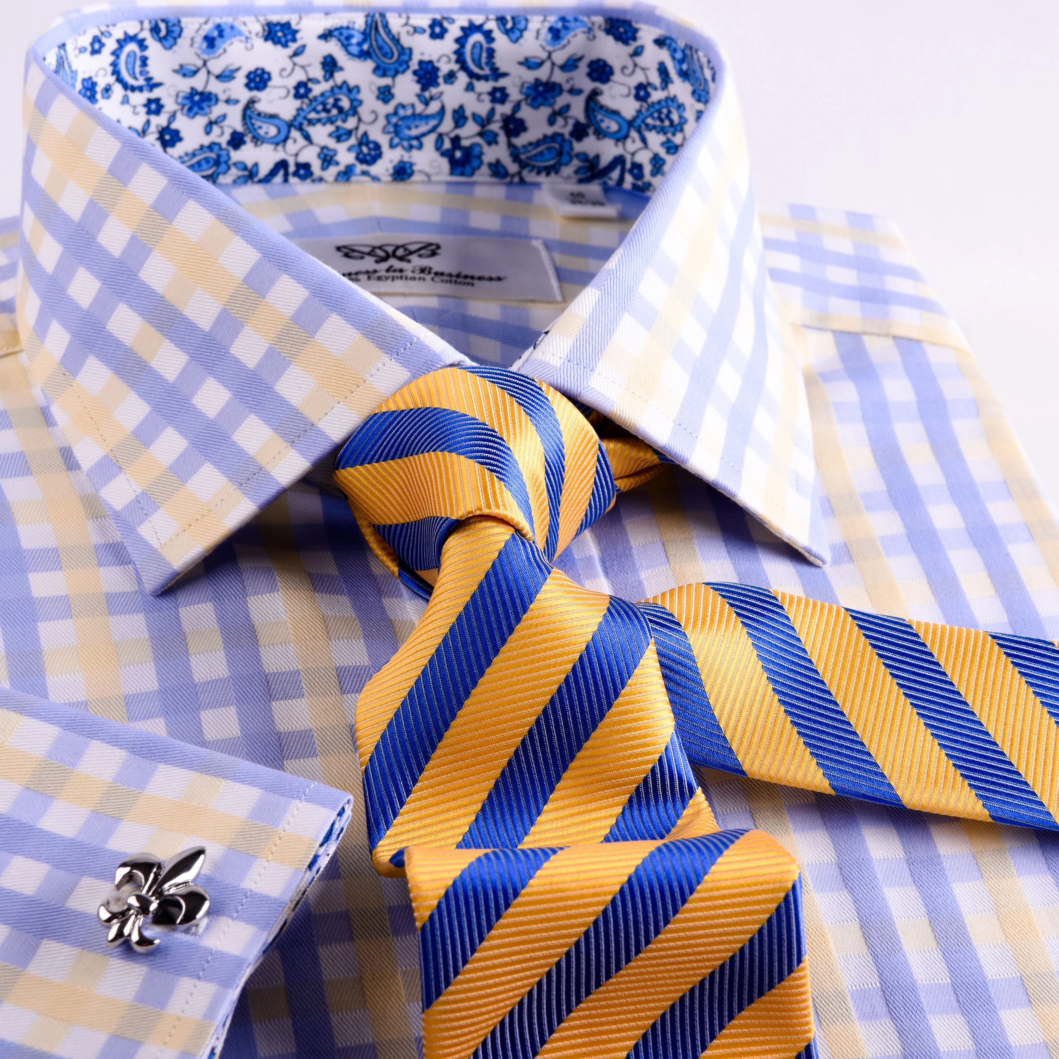 Yellow Blue Herringbone Checkered Striped Formal Business Dress Shirt Luxury Twill Design French Cuffs