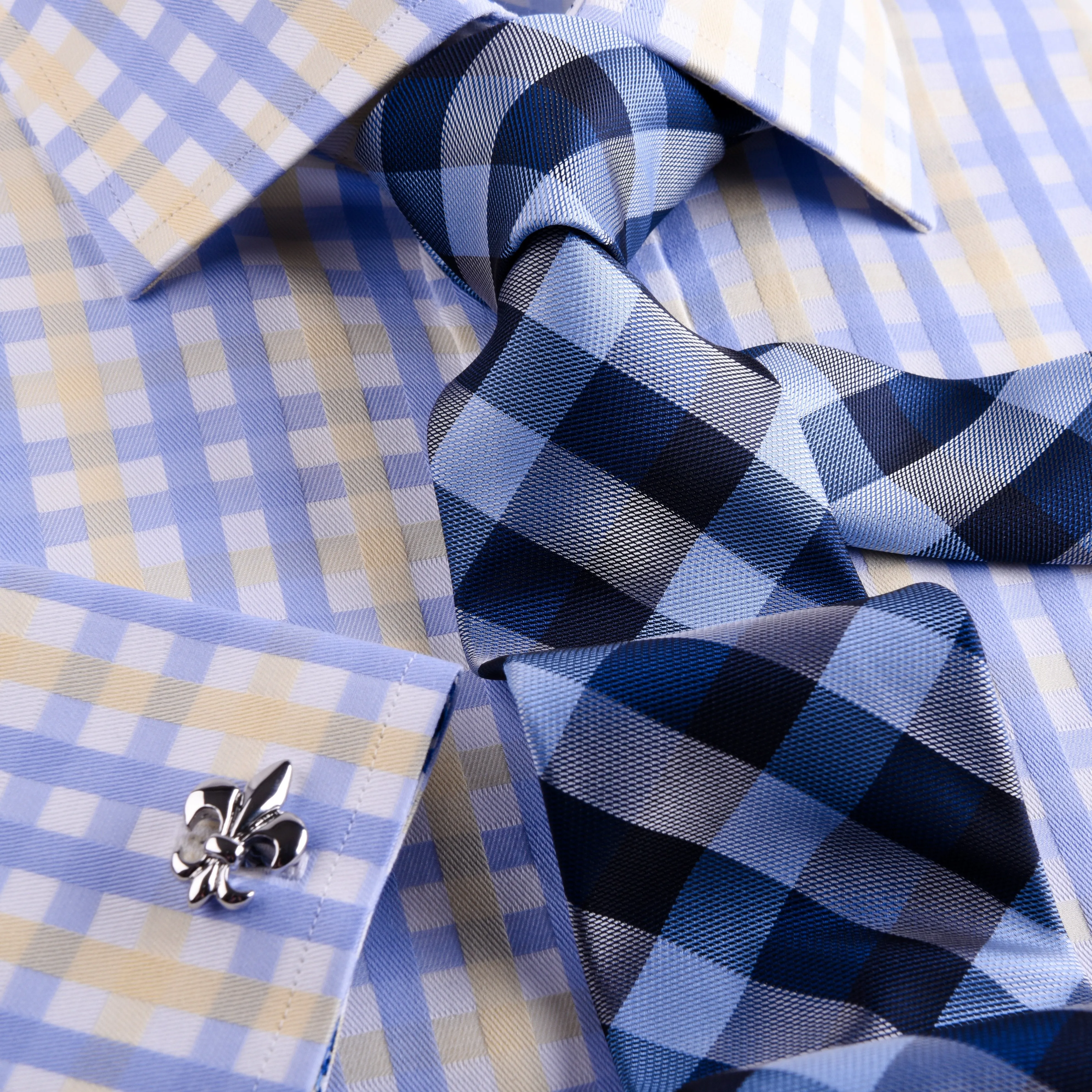 Yellow Blue Herringbone Checkered Striped Formal Business Dress Shirt Luxury Twill Design French Cuffs