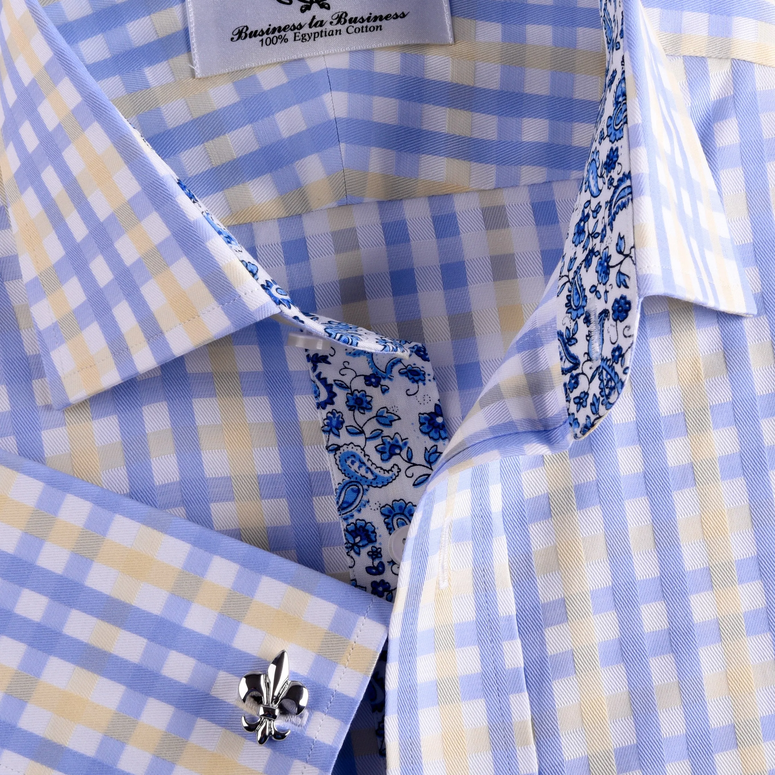 Yellow Blue Herringbone Checkered Striped Formal Business Dress Shirt Luxury Twill Design French Cuffs