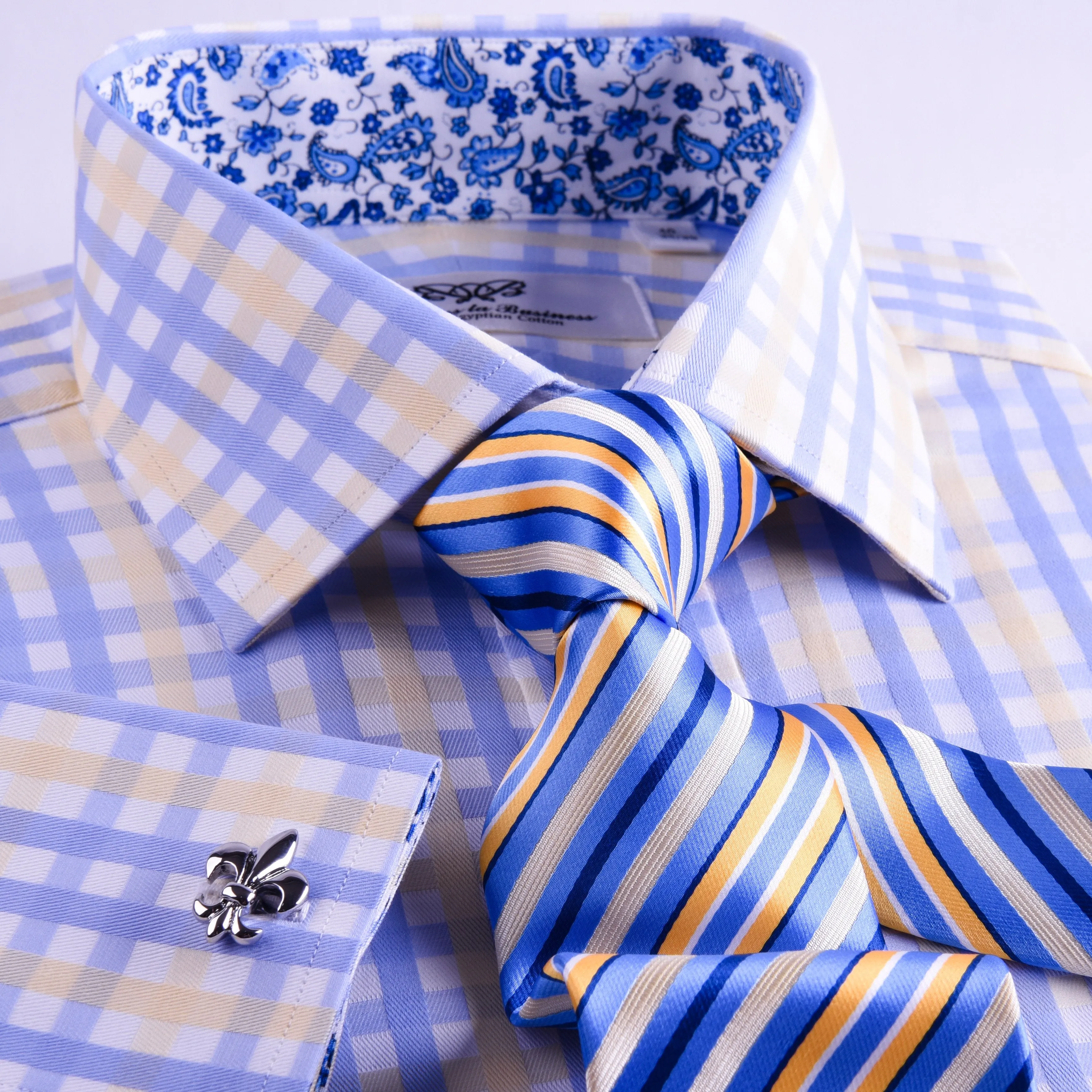Yellow Blue Herringbone Checkered Striped Formal Business Dress Shirt Luxury Twill Design French Cuffs