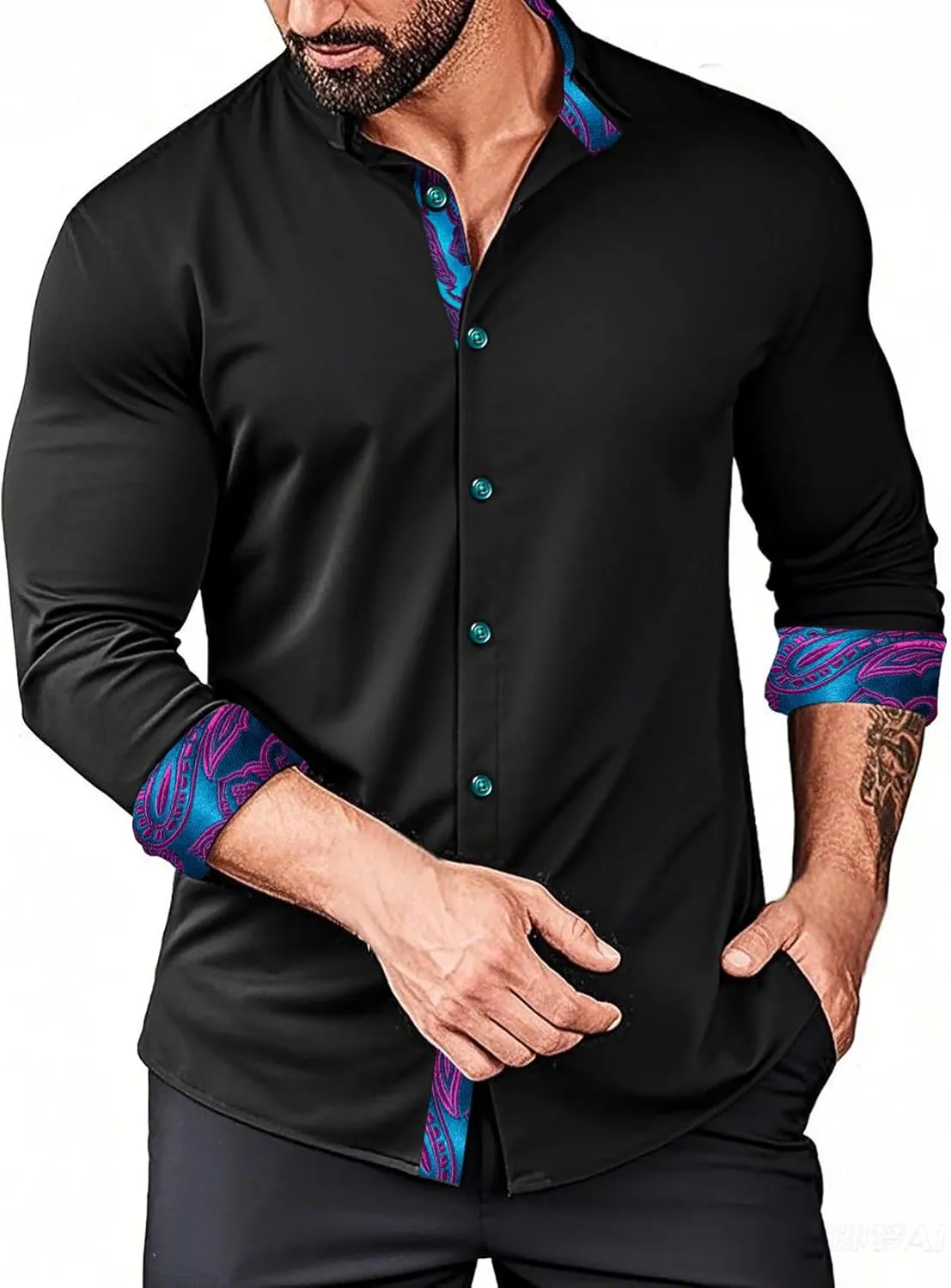 YOHOWA Mens Dress Shirts Business Button Down Long Sleeve Casual Collar Cuff Contrast Formal Shirts Wedding Party Casual Prom